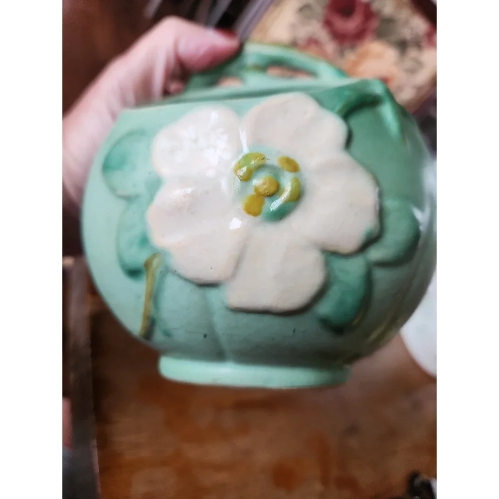 Vintage Weller Art Pottery Wild Rose Matte Green / Blue Basket Vase